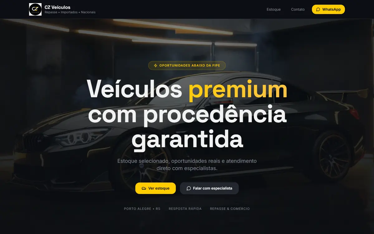 Página inicial do site da CZ Veículos