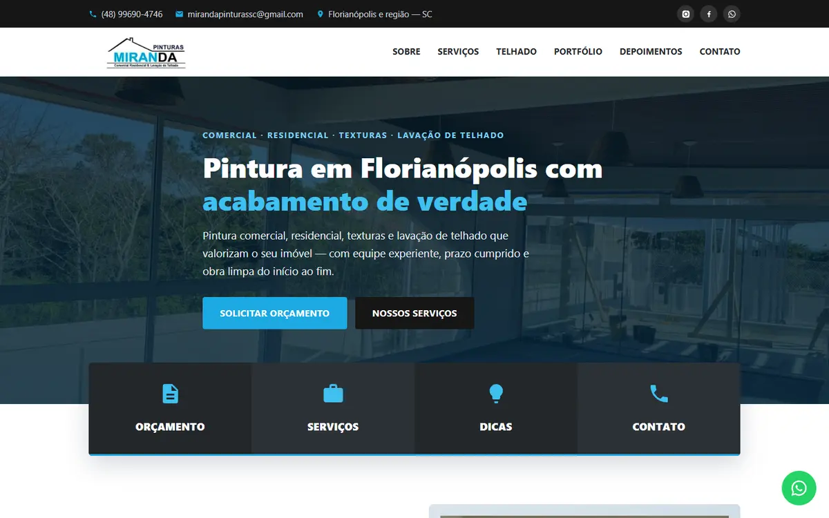 Página inicial do site da Miranda Pinturas