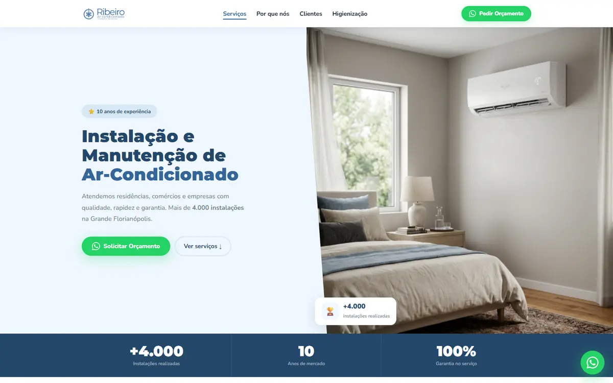 Página inicial do site da Ribeiro Ar-Condicionado